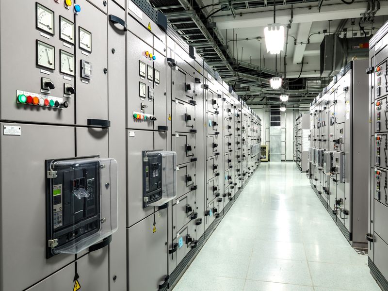 Electrical switchgear panels in a power distribution room